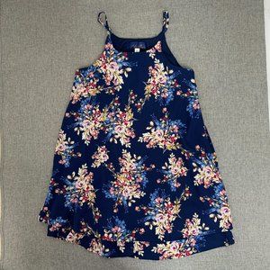 Blue Rain Floral Swing Dress Spaghetti Straps XS Lined Polyester Round Neck Blue